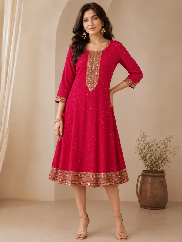 Rose Pink Embroidered Anarkali Kurti