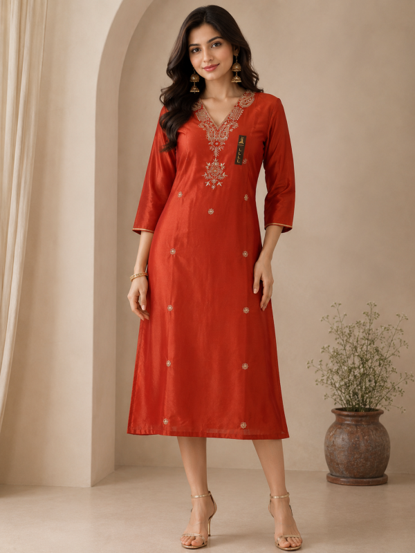Rust Orange Embroidered A-Line Kurti