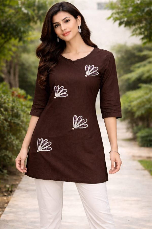 Elegant Brown Embroidered Short Kurti