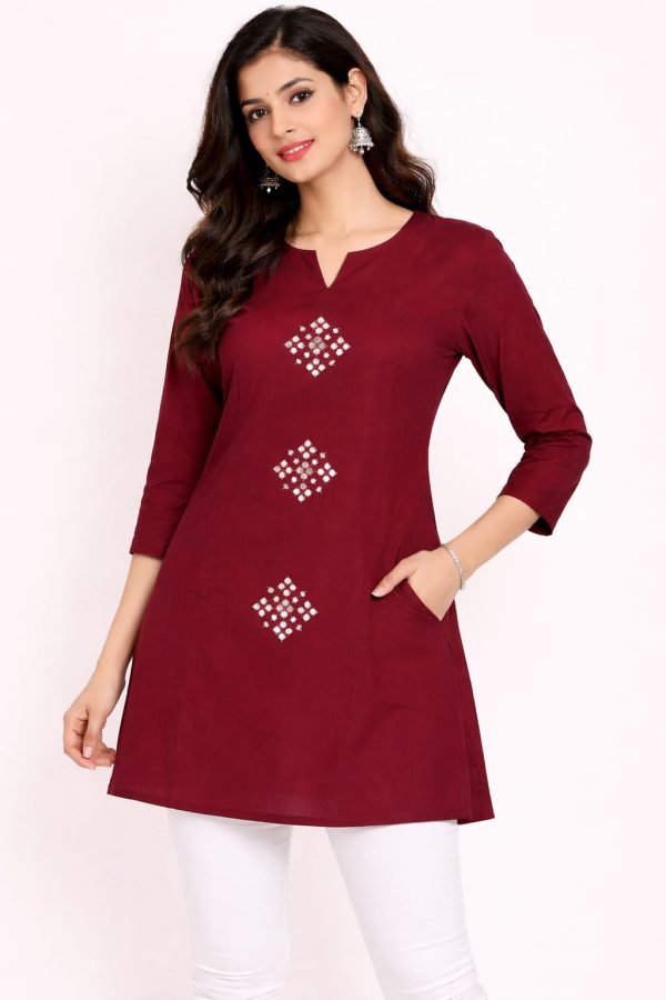 Maroon Embroidered Short Kurti