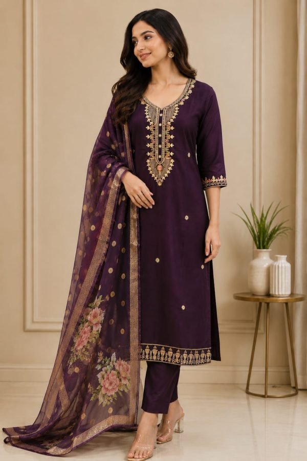 Royal Purple Embroidered Straight Kurta Set with Floral Organza Dupatta