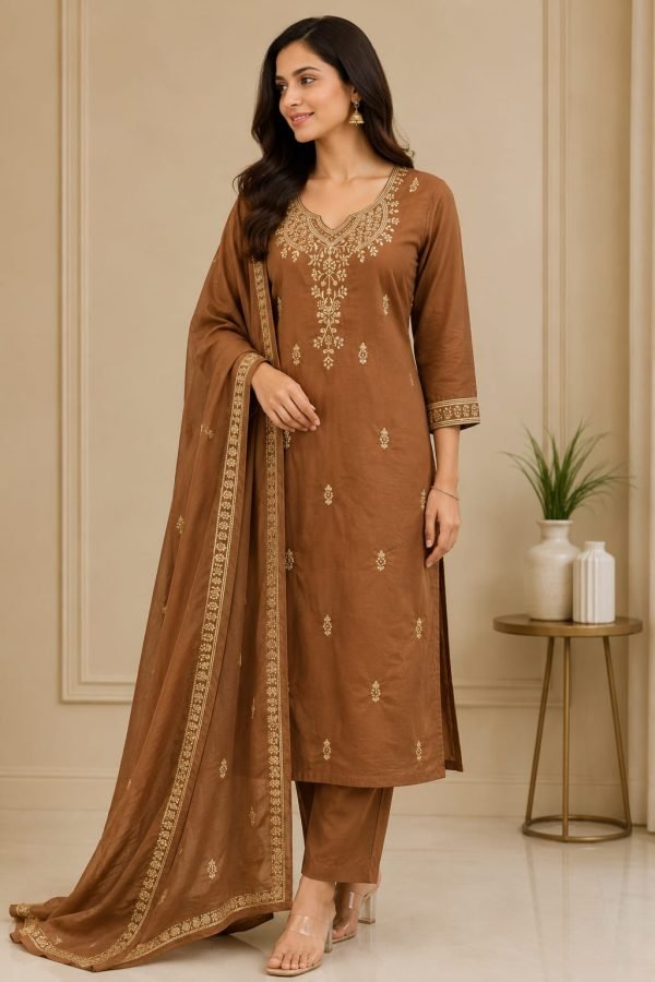 Elegant Mocha Brown Embroidered Kurta Set with Dupatta