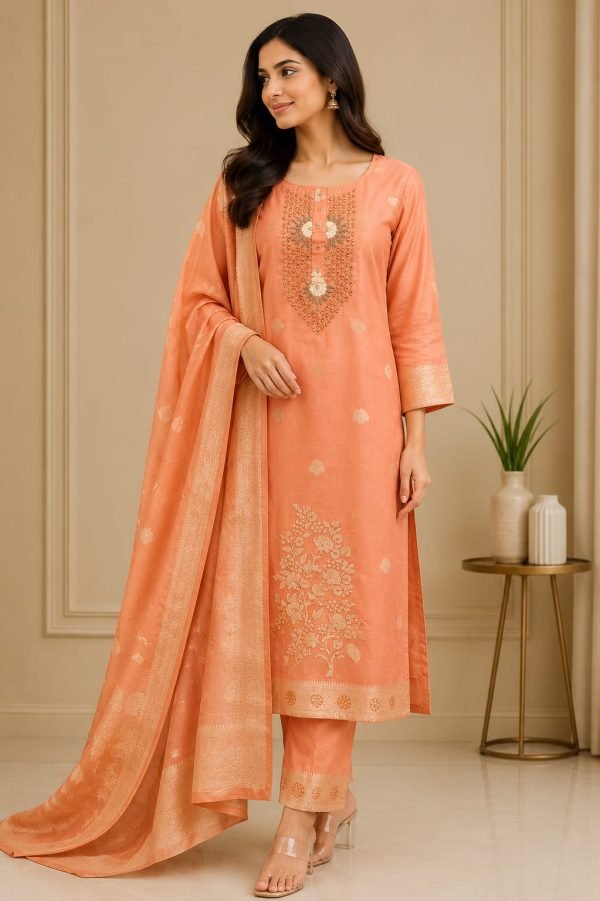 Orange Embroidered Kurta Set with Woven Dupatta