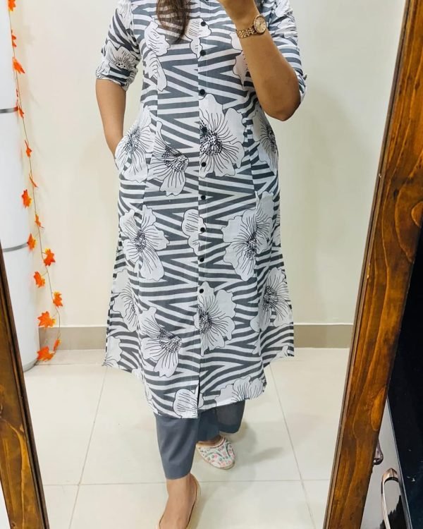 Grey & White Floral Printed A-Line Kurta Set