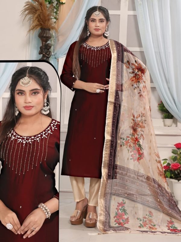 Maroon Silk Handwork Kurta Set with Floral Organza Dupatta