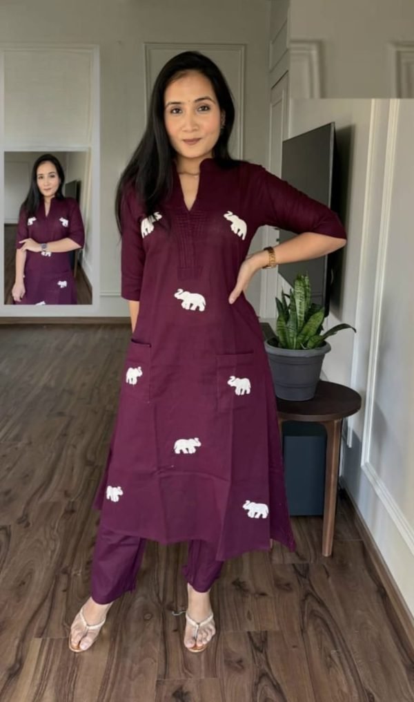 Wine Cotton Printed Kurta Palazzo Co-Ord Set