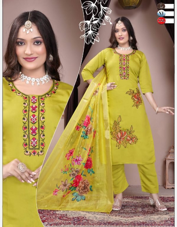 Lime Green Embroidered Kurta Pant Set with Floral Organza Dupatta