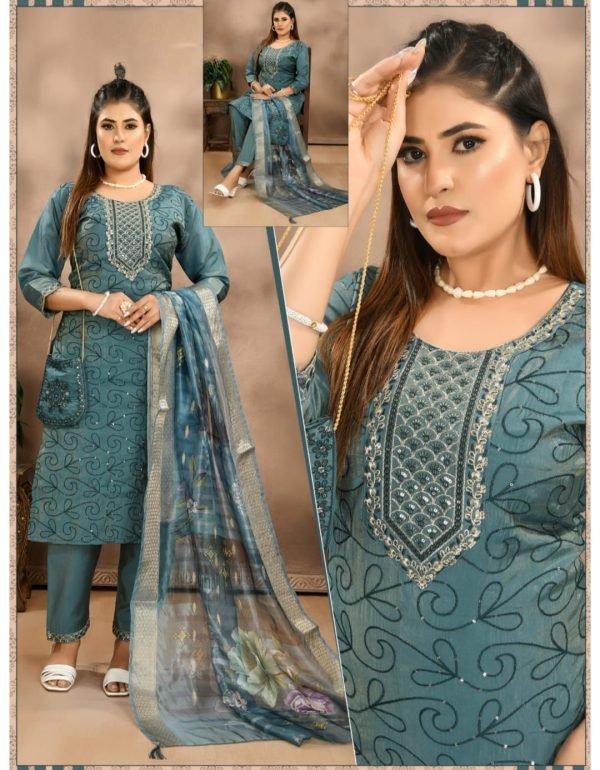 Teal Embroidered Kurta Pant Set with Printed Dupatta