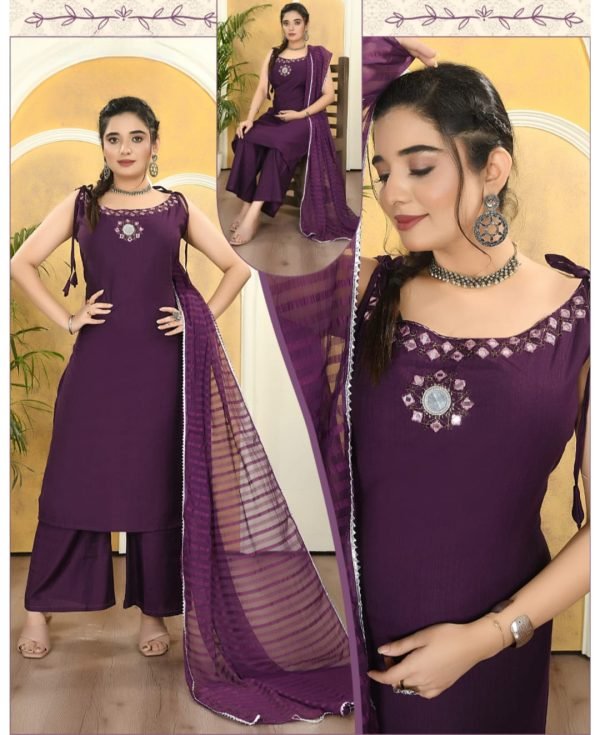 Royal Purple Mirror Work Kurta Palazzo Set with Striped Dupatta