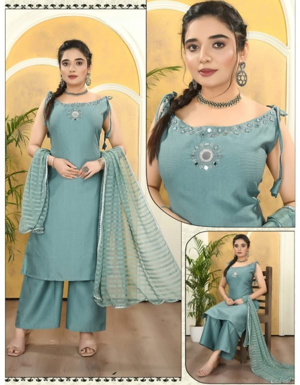 Elegant light blue Mirror Work Kurta Palazzo Set with Striped Dupatta