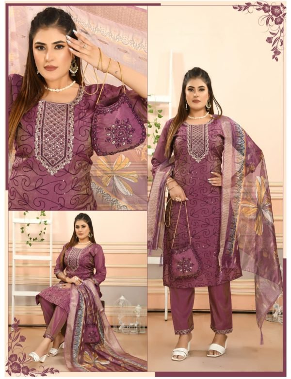 Wine Purple Embroidered Kurta Pant Set with Printed Dupatta