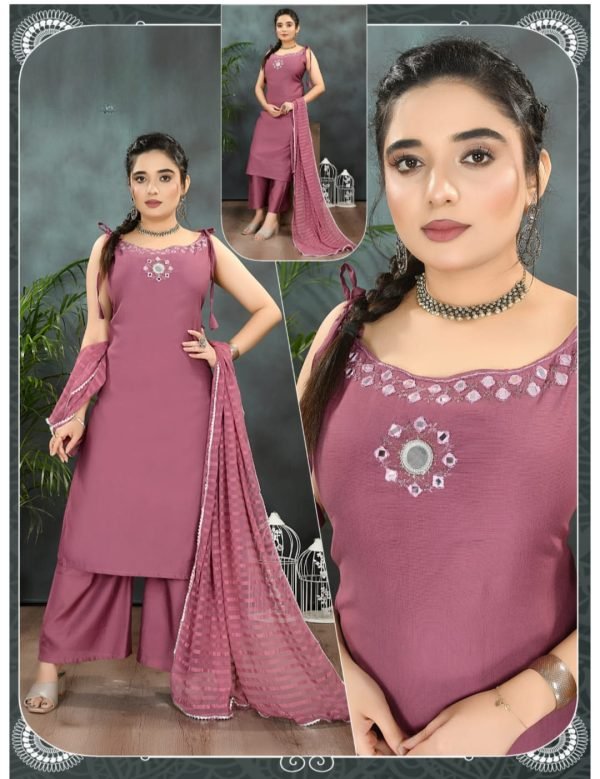 Royal Peach Mirror Work Kurta Palazzo Set with Striped Dupatta