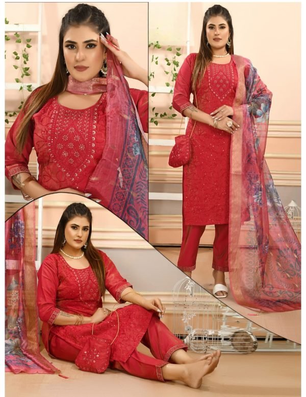 Pink Embroidered Kurta Pant Set with Printed Organza Dupatta