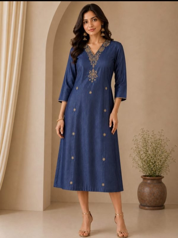 Women’s Indigo Blue Embroidered A-Line Kurti