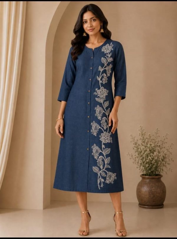 Women’s Indigo Blue Embroidered A-Line Straight Kurti